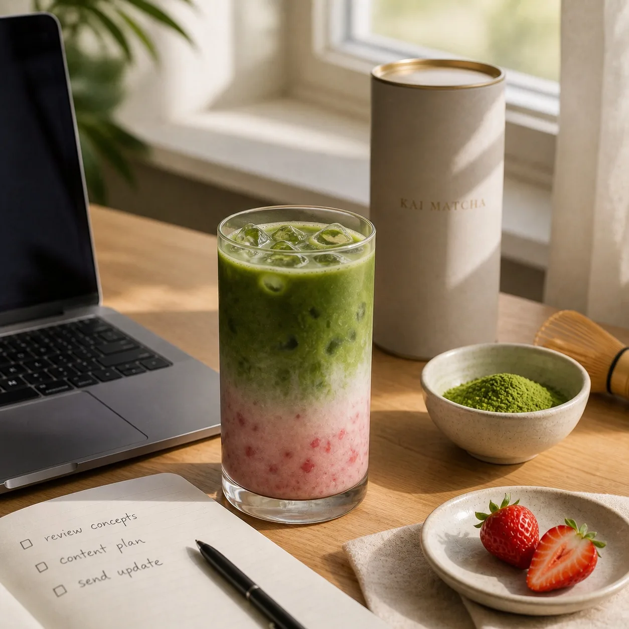 Zdjęcie UGC KAI MATCHA na biurku przy oknie z laptopem i notesem.