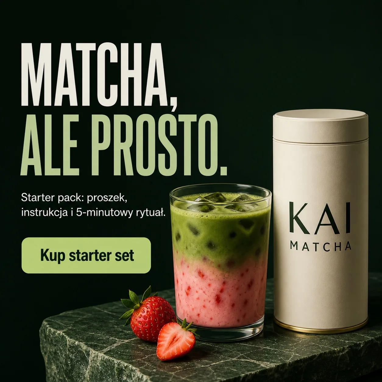 Kwadratowa reklama KAI MATCHA z ciemnozielonym tłem i produktem.
