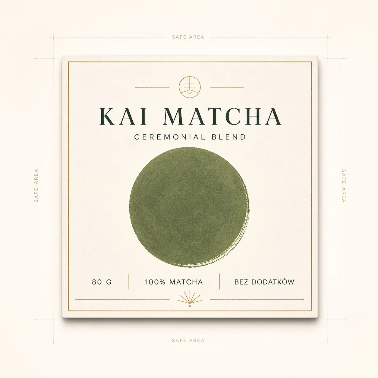 Minimalistyczny projekt etykiety opakowania KAI MATCHA.