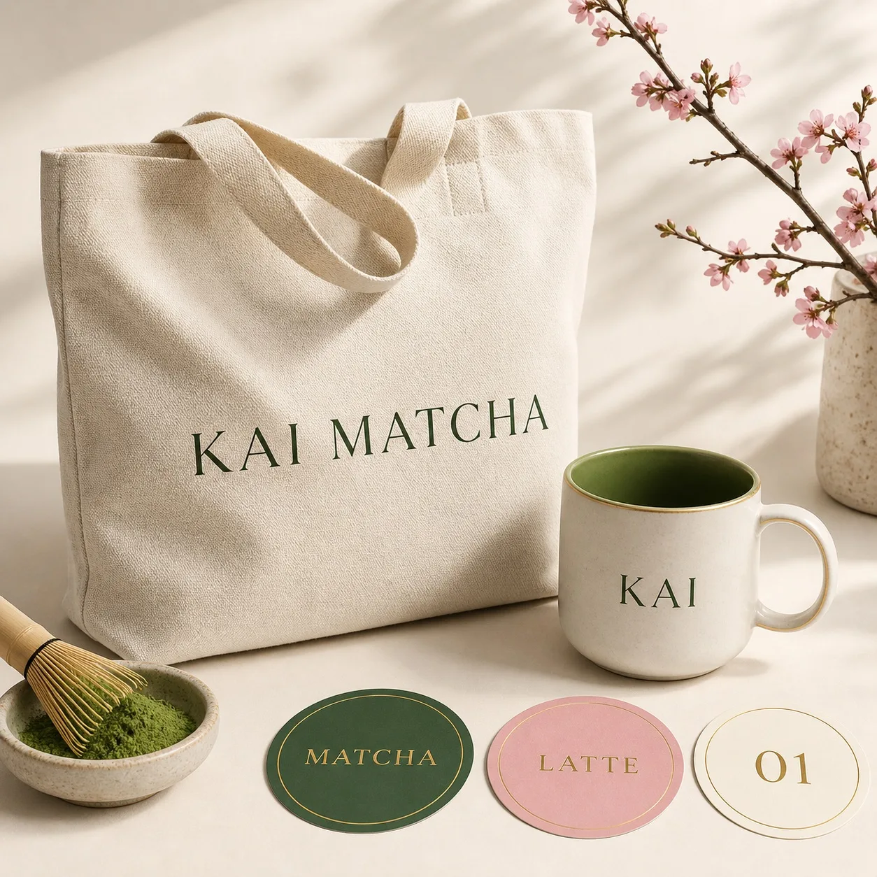 Mockupy merchu KAI MATCHA z torbą, kubkiem i naklejkami.