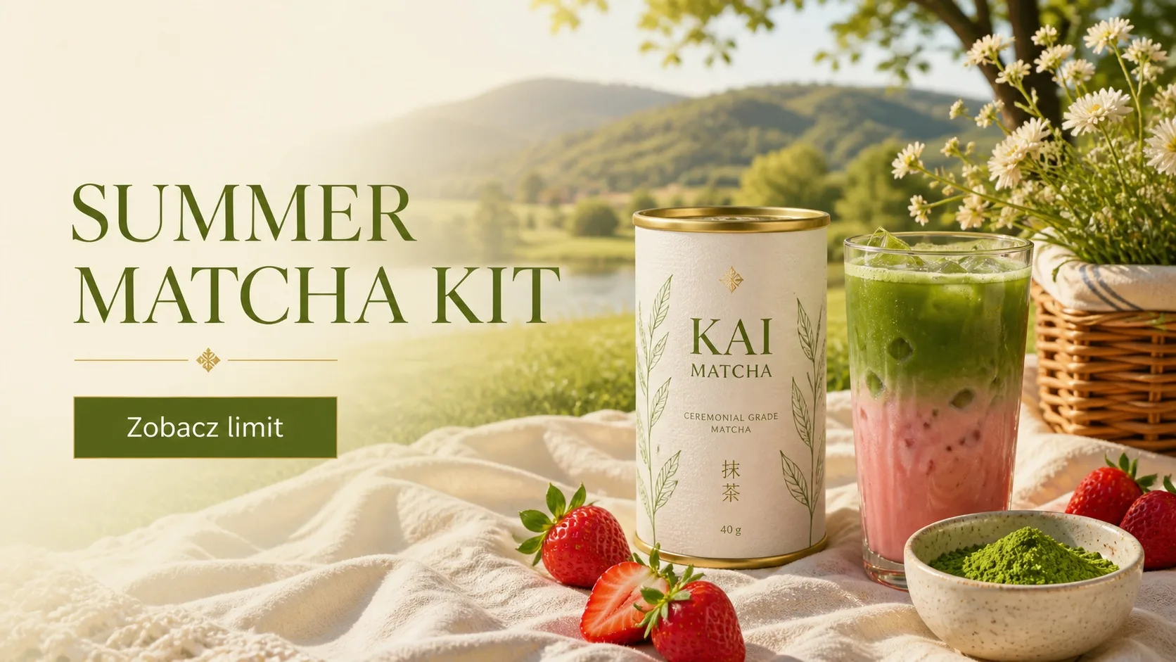 Letni baner kampanii KAI MATCHA w scenie piknikowej.