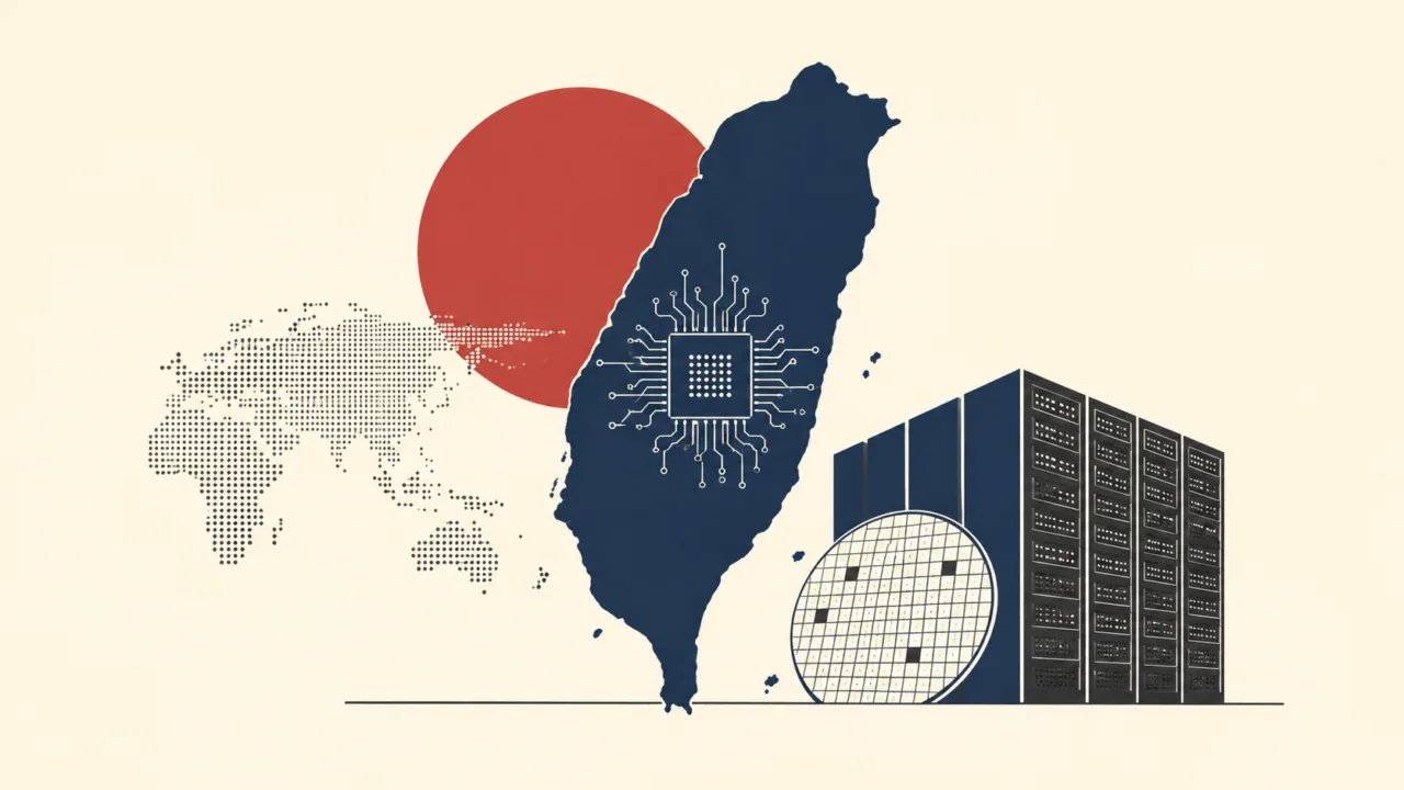 Abstract tech illustration: Taiwan silhouette with a circuit chip, a red sun, a world map, and data center racks.