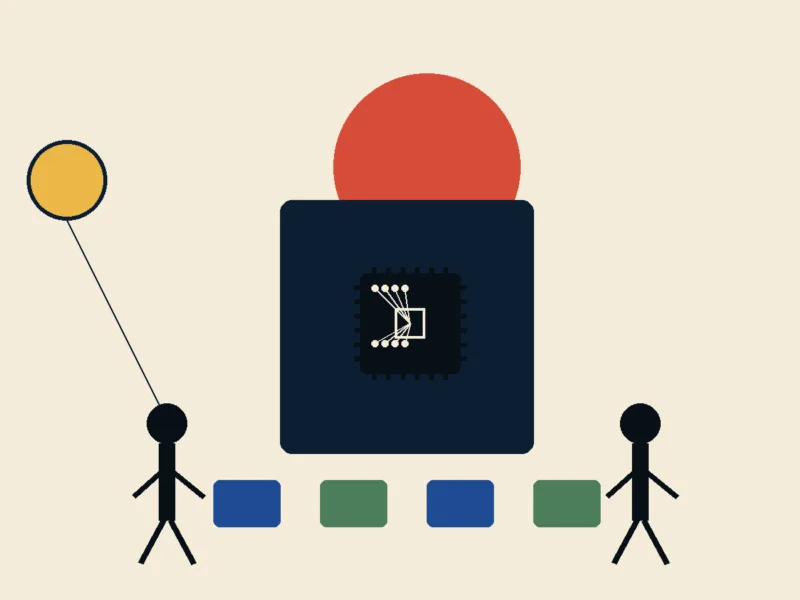 Minimalistyczna ilustracja dwóch małych założycieli przed ogromnym blokiem AI i monetą inwestycyjną.