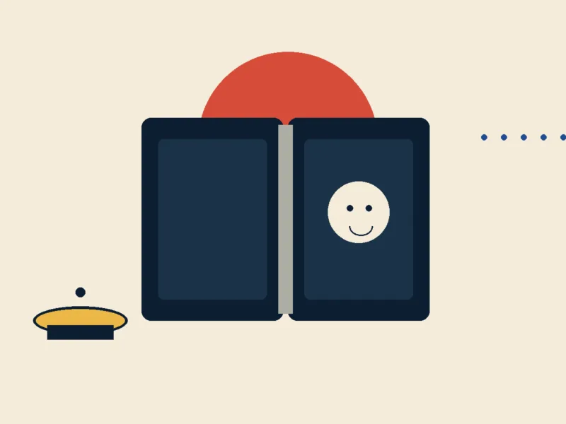 Minimalistyczna ilustracja składanego telefonu, dzwonka concierge i czerwonego słońca.