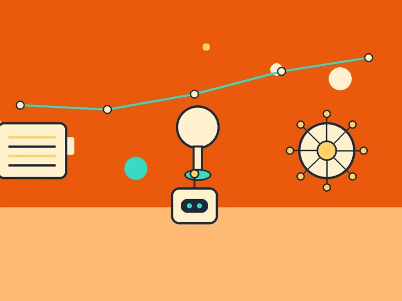Abstract orange illustration of a robot-like device with a line graph, a gear wheel, and a document, symbolizing data automation and analytics.