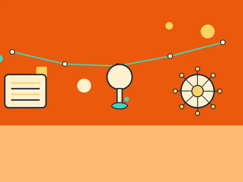 Abstract data-analytics illustration with a curved teal data line connecting nodes, a document icon on the left, and a wheel-like hub on the right on an orange background.