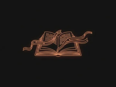 Neon orange outline of an open book with flowing ribbons across the pages on a dark background, symbolizing reading or literature.