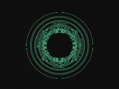 Abstract neon green circular circuit design on a black background.