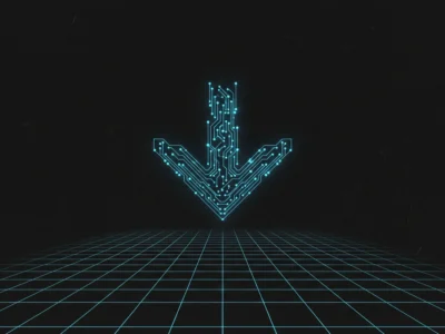 Glowing blue circuit-arrow pointing downward above a neon grid, symbolizing download or data transfer in a tech scene