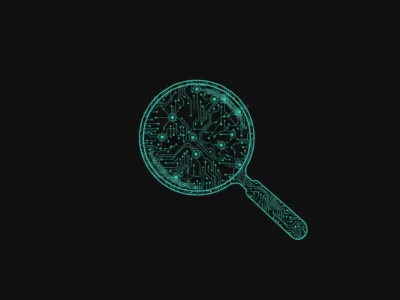 Teal circuit-board magnifying glass on a black background, symbolizing tech search or analysis.