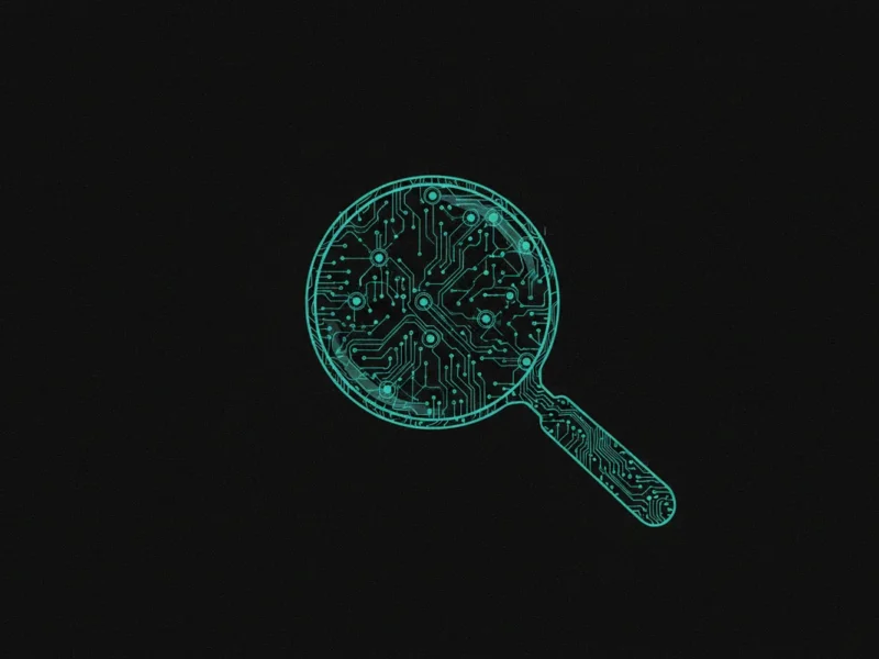 Teal circuit-board magnifying glass on a black background, symbolizing tech search or analysis.
