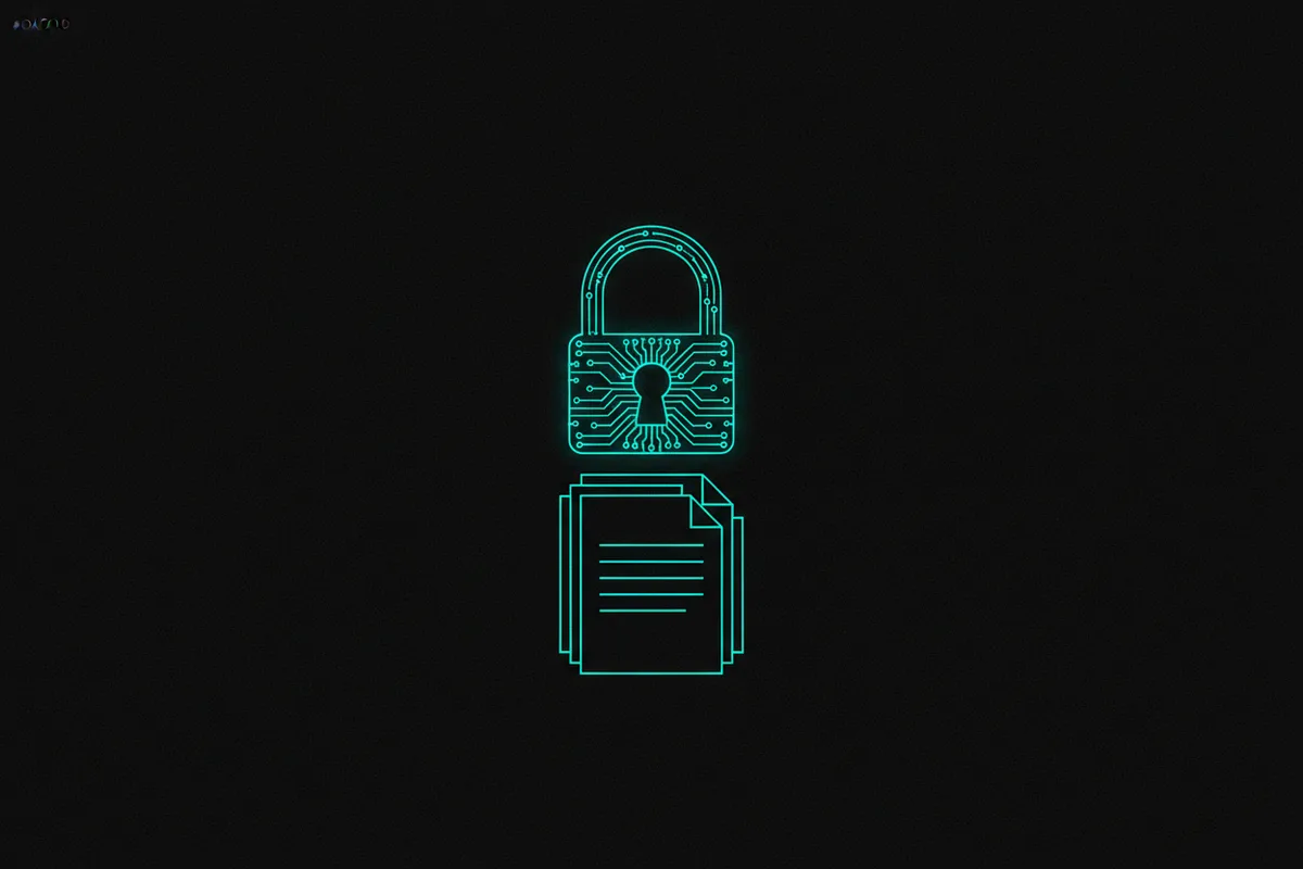 Neon outline of a padlock with circuitry above a stack of documents, symbolizing data security.