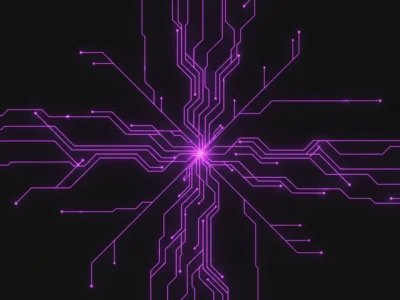 37576 - Promptowy Abstract neon purple circuitry radiating from a central node on a black background.