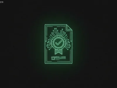 37577 - Promptowy Neon green outlined document with a circuit-rosette and a checkmark badge, on a dark background (certificate/license illustration).