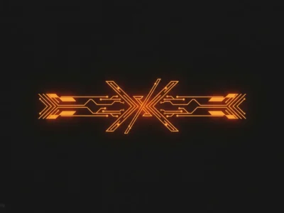 37583 - Promptowy Symmetrical glowing orange circuit pattern forming an X on a dark background.