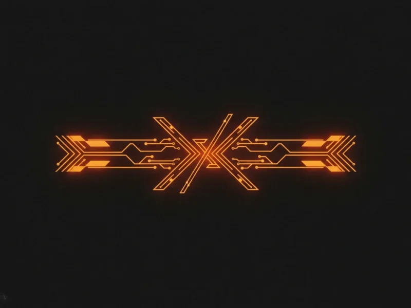 Symmetrical glowing orange circuit pattern forming an X on a dark background.