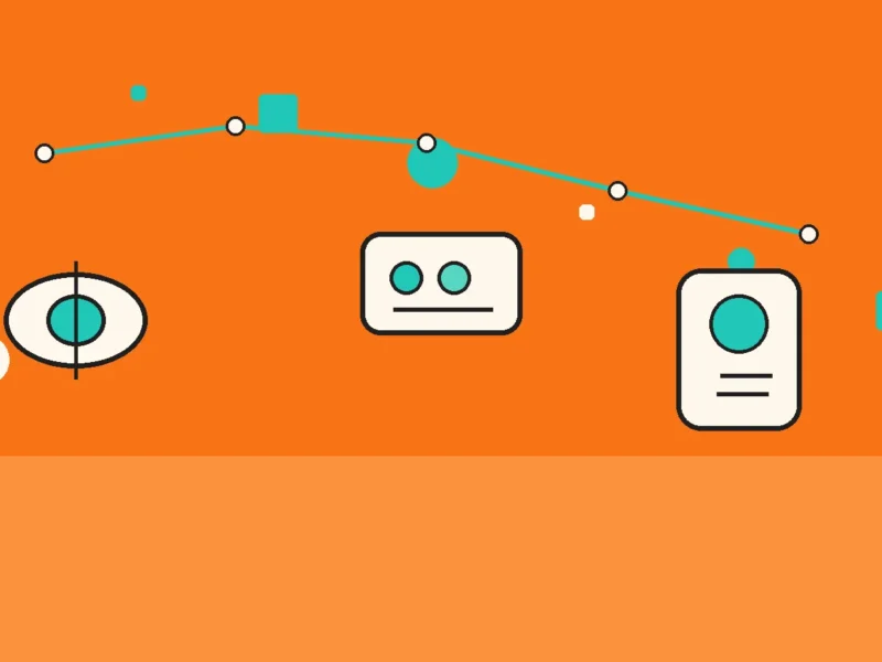 Abstract orange background with teal nodes connected by a line and three gadget-like shapes, suggesting data flow or technology. 1/4