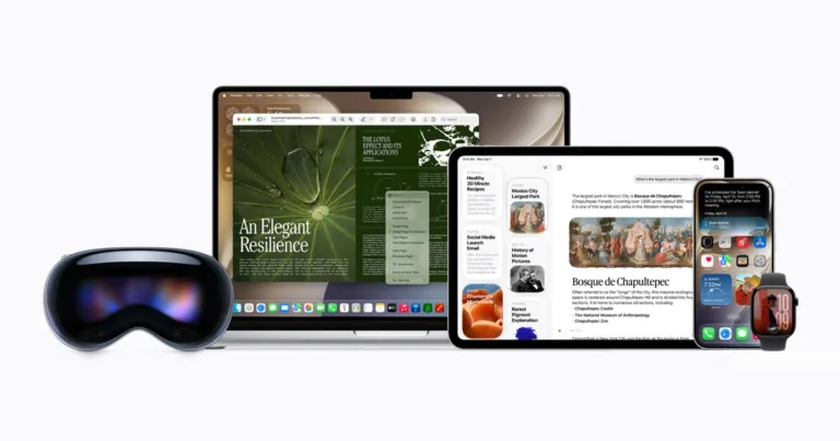 Urządzenia Apple: MacBook, iPad, iPhone, Apple Watch i AirPods na jasnym tle