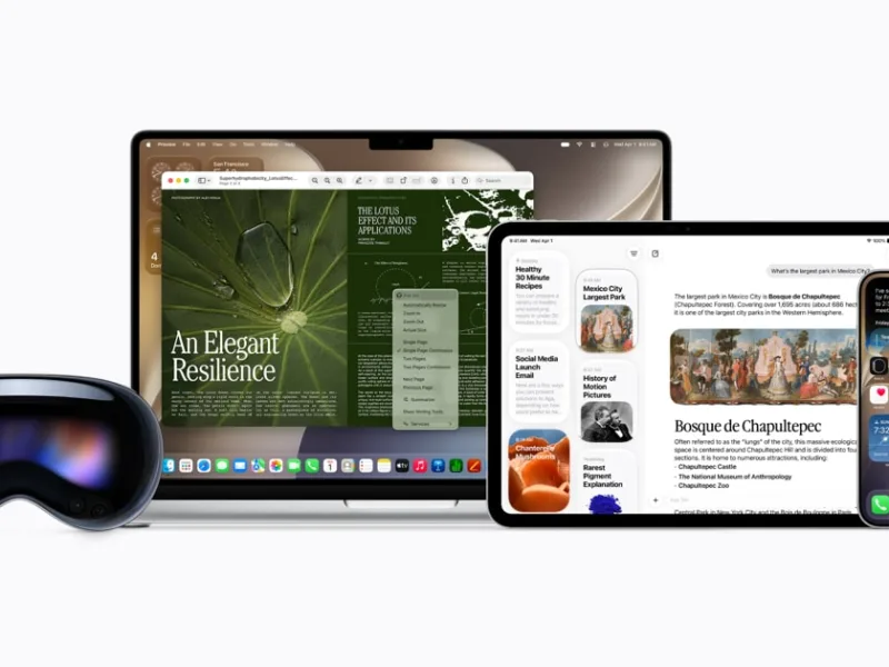 Apple product lineup: MacBook, iPad, iPhone, Apple Watch, and AirPods on a light background.