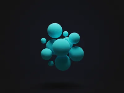 Abstract cluster of teal spheres floating above a dark gradient background.