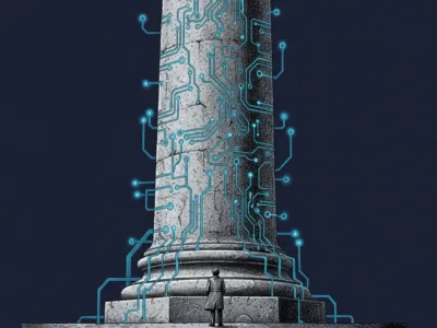 A lone person stands at the base of a cracked stone column wrapped in glowing blue circuit traces, symbolizing humanity confronting technology.