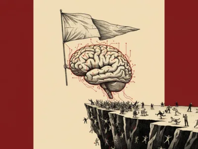 Surreal illustration of a brain lifting a flag above a cliff, with people clinging to the edge below.