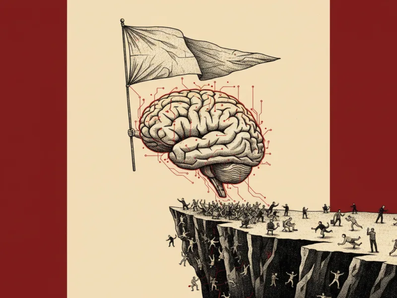 Surreal illustration of a brain lifting a flag above a cliff, with people clinging to the edge below.