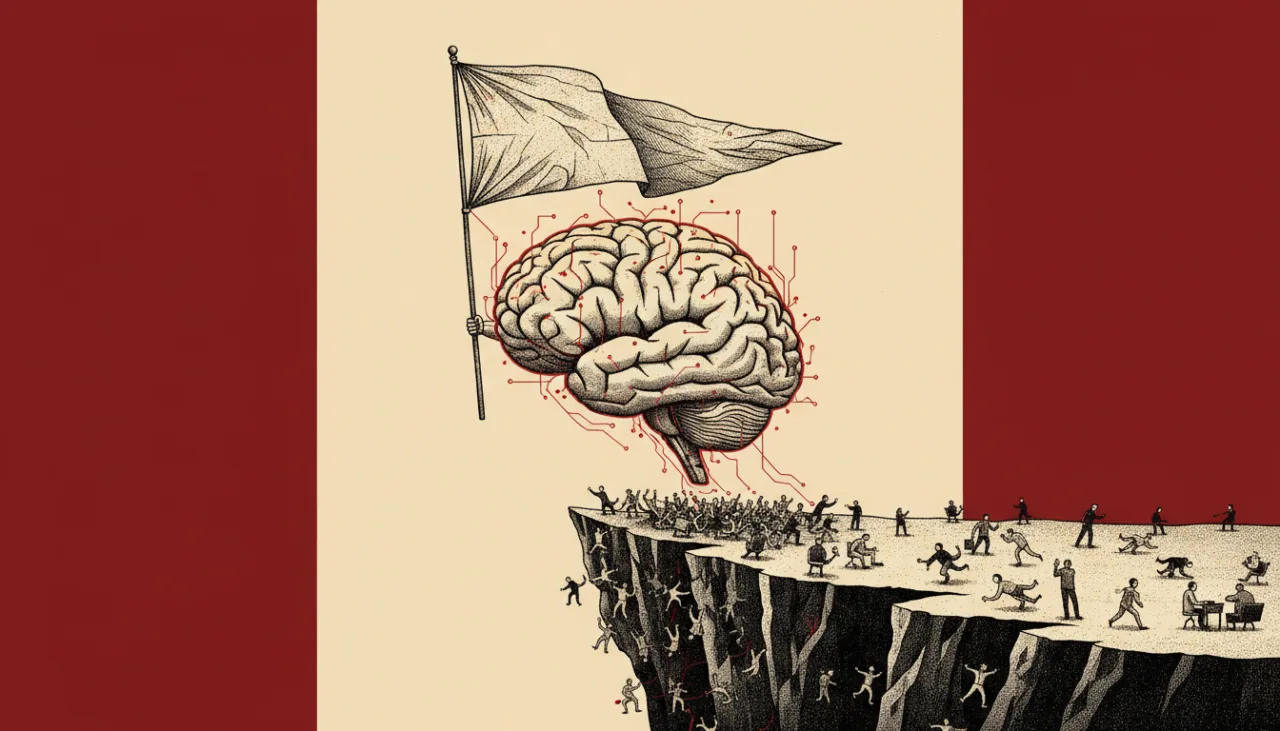 Surreal illustration of a brain lifting a flag above a cliff, with people clinging to the edge below.