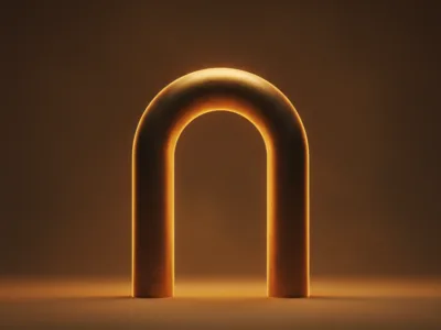 Glowing orange arch-shaped structure on a dark, empty background emitting warm light.