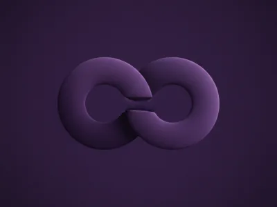 3D purple intertwined rings forming an abstract infinity symbol on a dark purple background.