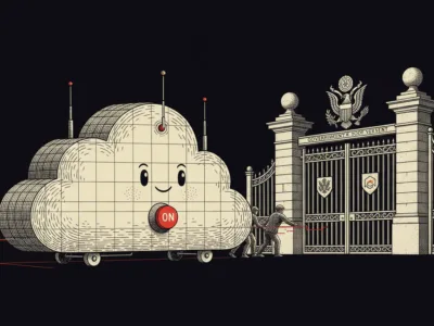 Cute cloud-shaped machine with a red ON button being pushed toward a grand governmental gate, suggesting cloud computing and regulation.