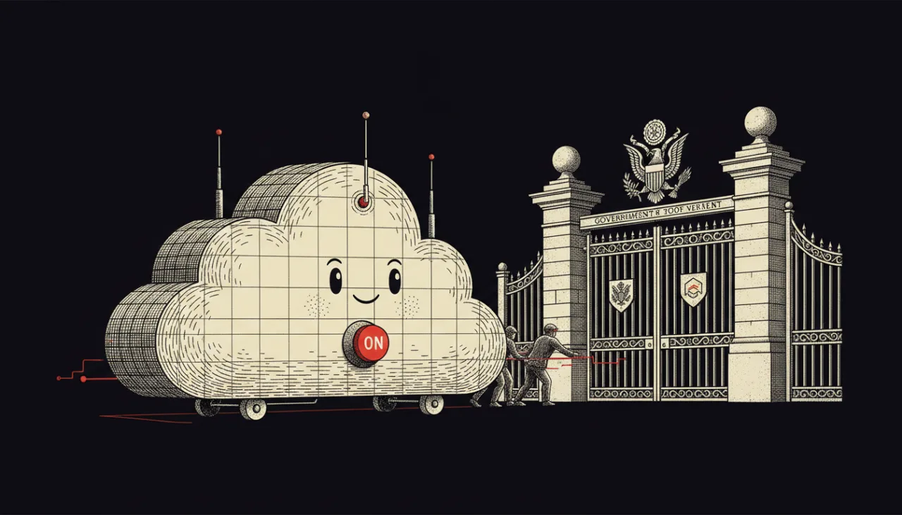 Cute cloud-shaped machine with a red ON button being pushed toward a grand governmental gate, suggesting cloud computing and regulation.