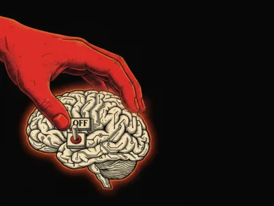 Red hand flipping an OFF switch on a stylized brain illustration against a dark background, signaling mind control or shutdown.