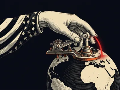 Hand in an American flag sleeve turning a dial on top of a globe, symbolizing global influence. (illustration)
