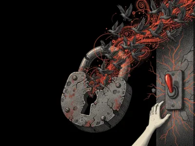 A large cracked padlock releasing red tendrils and birds as a pale hand reaches a glowing red switch on a dark wall.