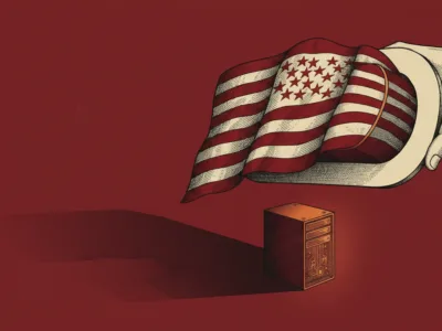 A hand holding a plate with an American flag draped over it, casting a long shadow toward a small computer server on a red background.