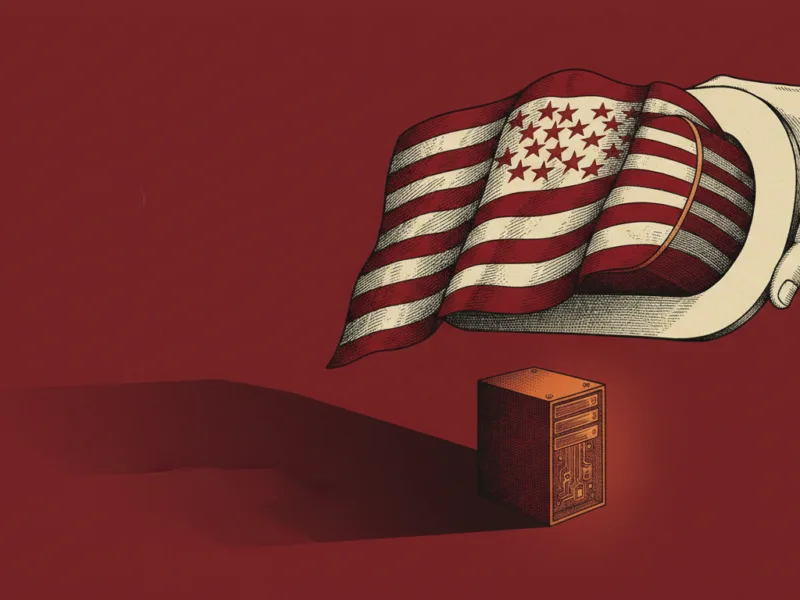 A hand holding a plate with an American flag draped over it, casting a long shadow toward a small computer server on a red background.