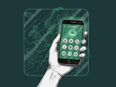 Hand holding a smartphone showing an assistant app with circular icons over a green map background.