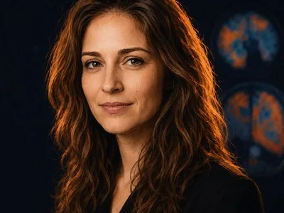 Portrait of a woman with wavy brown hair in a dark blazer, looking at the camera against a dark background with subtle blue lighting hints.