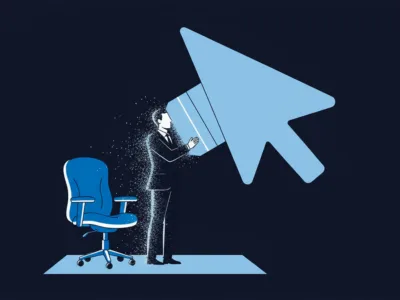 Cisi przegrani rewolucji AI Gdzie podziali się ludzie których pracę już zjedliśmy - Promptowy Businessman pushing a giant blue cursor arrow upward, chair nearby, symbolizing digital transformation or pushing into the digital world.