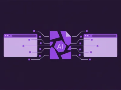Abstract illustration of AI linking two browser windows with circuit lines on a dark purple background, conveying AI integration across interfaces.