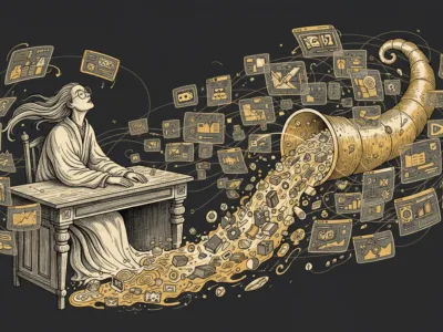 Person at a desk as a golden horn pours coins and floating app icons from a stream of data.