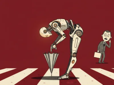 Robot bends over to inspect an umbrella stuck in a crosswalk as a suited, worried man watches nearby with a briefcase.