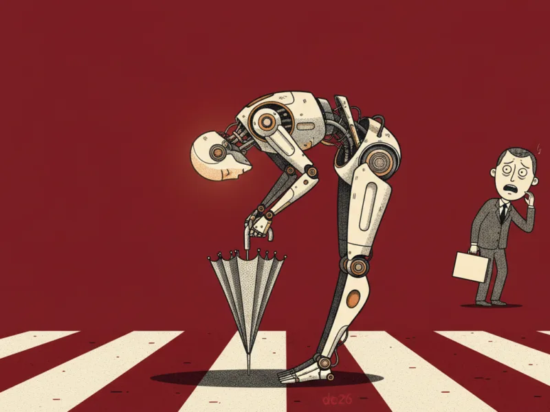 Robot bends over to inspect an umbrella stuck in a crosswalk as a suited, worried man watches nearby with a briefcase.