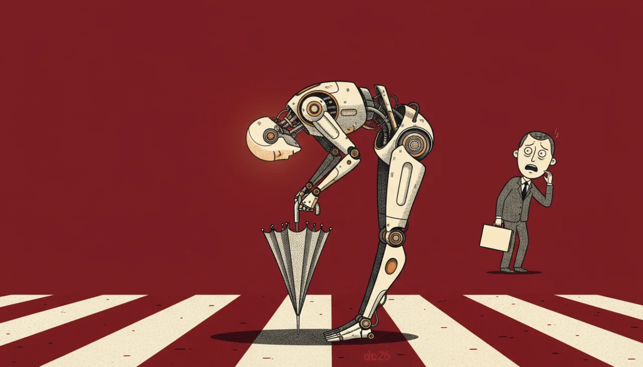 Robot bends over to inspect an umbrella stuck in a crosswalk as a suited, worried man watches nearby with a briefcase.