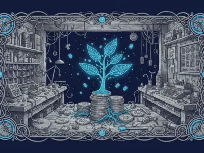 Blue-glowed plant growing from stacked coins in a cluttered workshop, framed by Celtic-style border art.
