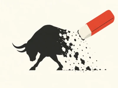 Ilustracja redakcyjna SaaSpocalypse Jak jedno ogłoszenie Anthropic wymazało 285 miliardów dolarów z giełdy - Promptowy Silhouette of a black bull being erased by a large red eraser, with pieces falling away.