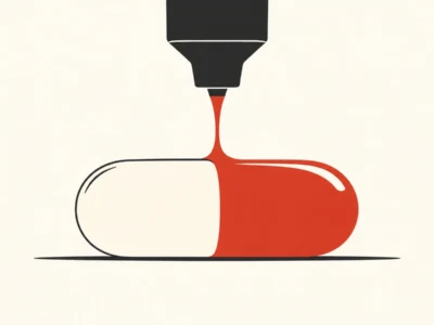 Ilustracja redakcyjna Lek wymyślony przez maszynę Jak AI projektuje leki które mogą trafić do aptek przed 2030 - Promptowy Stylized illustration of a 3D printer nozzle extruding red material to form a capsule-shaped pill on a light background.