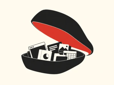 Open black shell releasing various digital file icons (web page, image, chart, documents) to symbolize digital content storage or data.