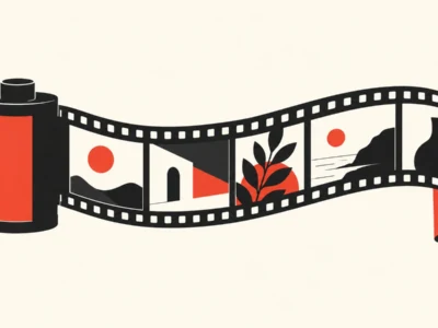Rolka filmu z trzema różnymi scenami na klatkach